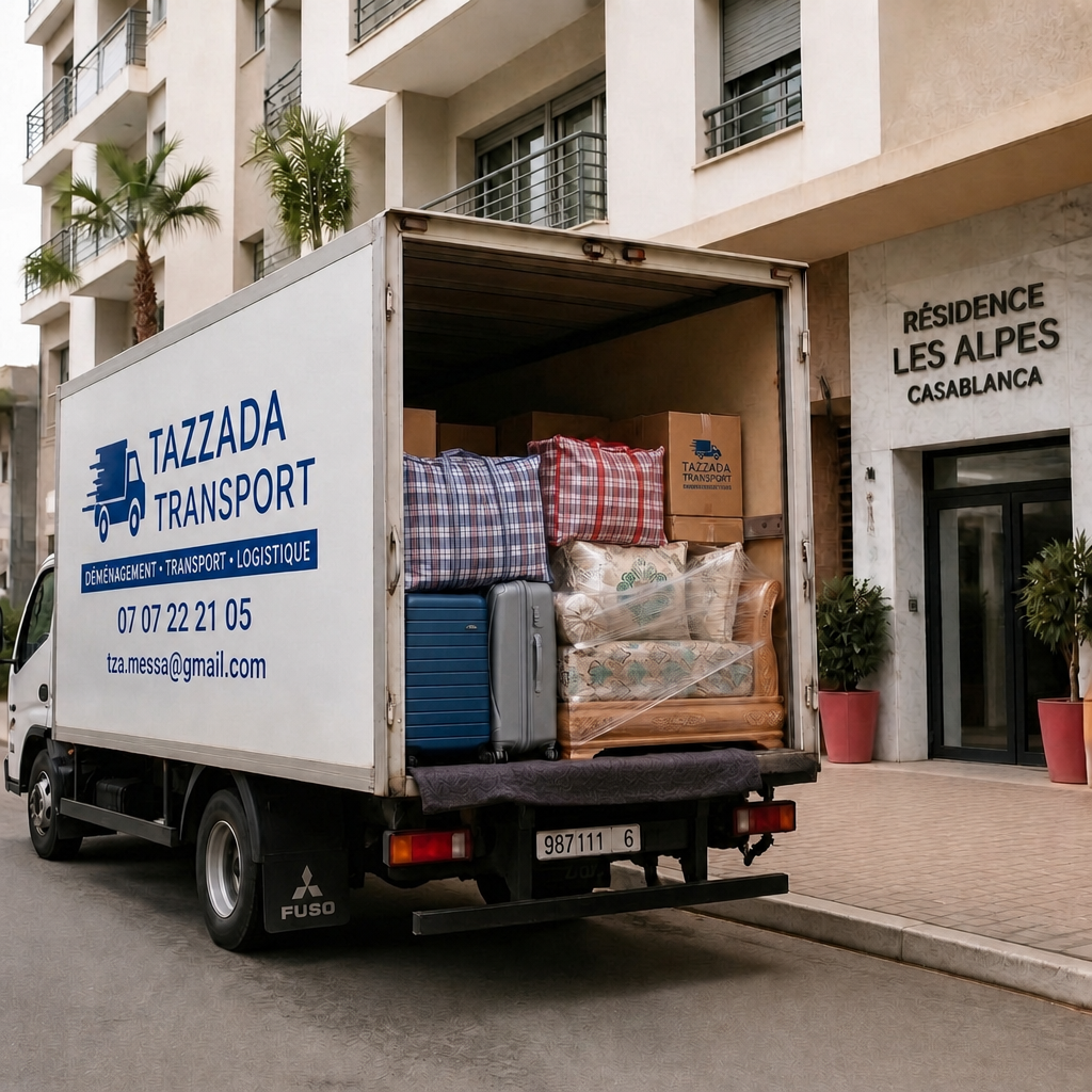 Camion Tazzada Transport chargé d'affaires personnelles : sacs à carreaux, valises, canapé marocain emballé et cartons, devant une résidence à Casablanca